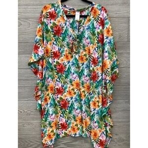 Tim & Tru Colorful Tropical Closed Kimono Style Swim Cover Lace Front 1X NWOT